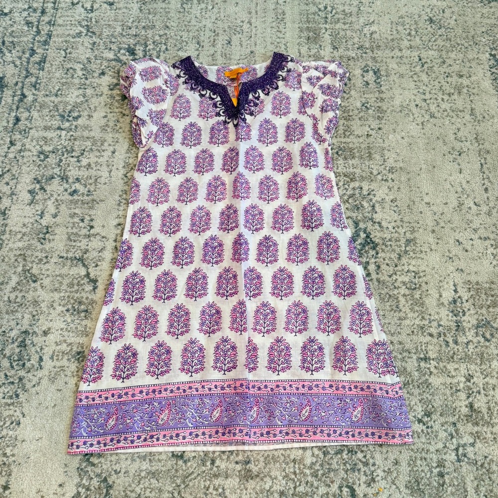 Christiane Celle Calypso Kids Girls Purple Pink Block Print Cotton Dress Size 6
